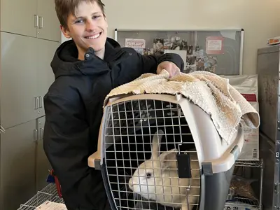 Teenage boy holds a crate with a rabbit.